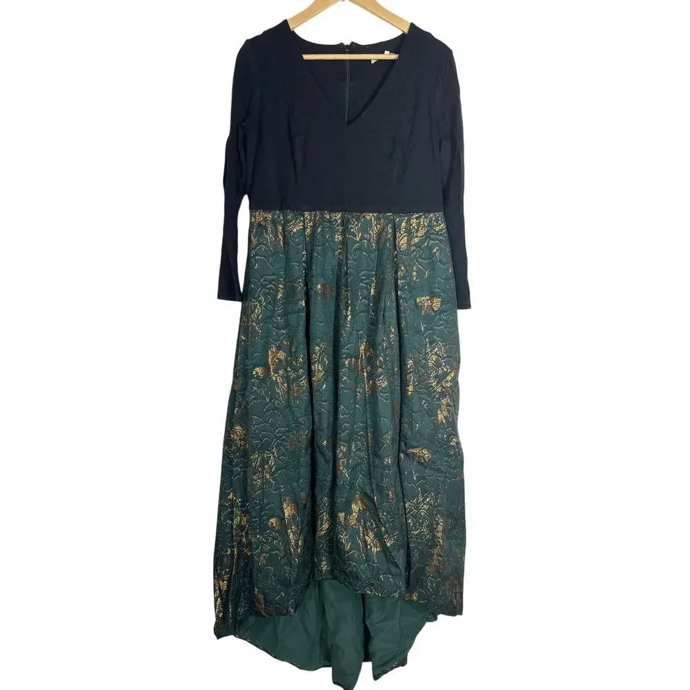Hutch Marilyn Dress Long Sleeve Floral Jacquard Skirt Hi Lo Gown Black Green 14W